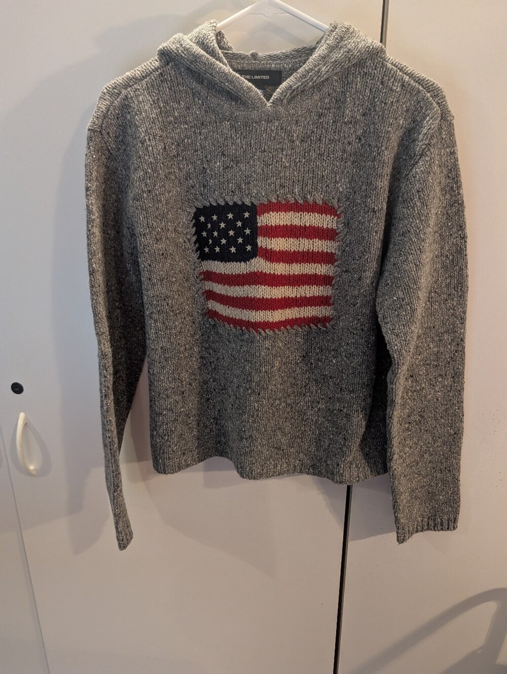 The Limited Woman's L Gray Hooded Pullover Wool Sweater with Flag Motif